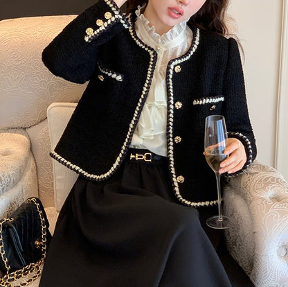 Vintage Cropped Tweed Jackets Women Elegant Black Thicken Coat Korean Single Breasted Blazer Casual Warm Short Outerwear Tops