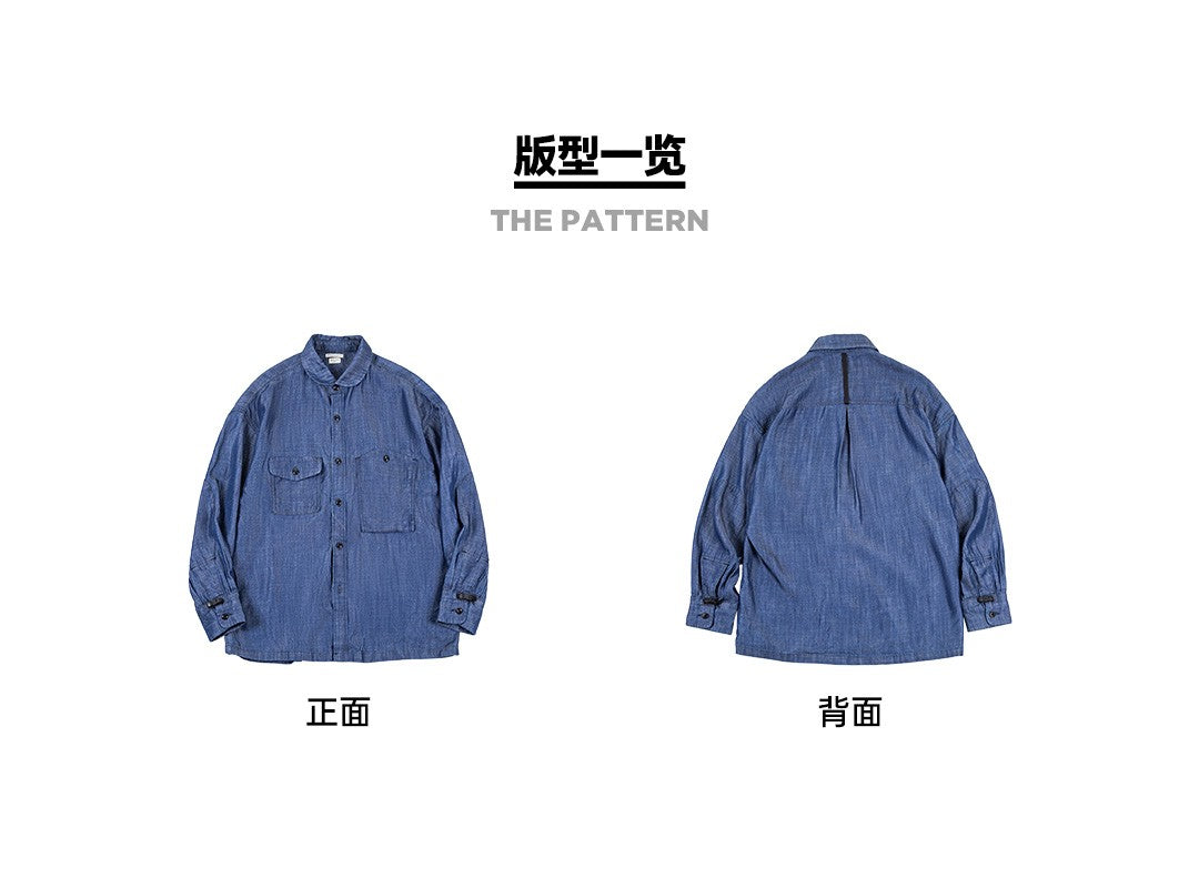 Maden Vintage Denim Shirt for Men's Spring Lightweight CPO Long Sleeve Shirt Lyocell Casual Thin Blue Lapel Collar Blouse