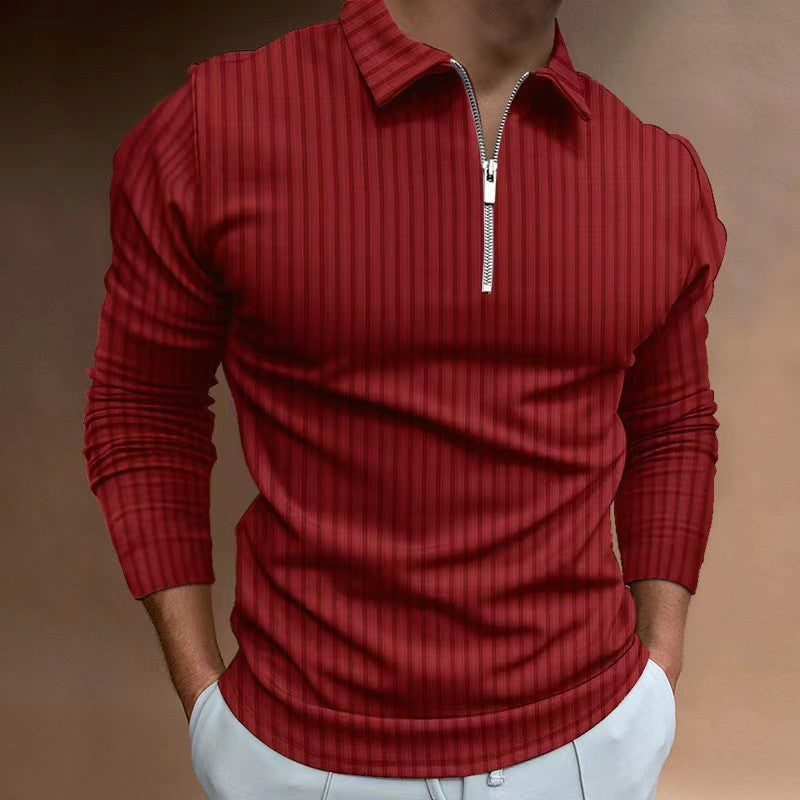 2024 New Men's Autumn And Winter Solid Color Lapel Leisure Sports Polo Shirt Zipper Striped Long Sleeve High Elasticity