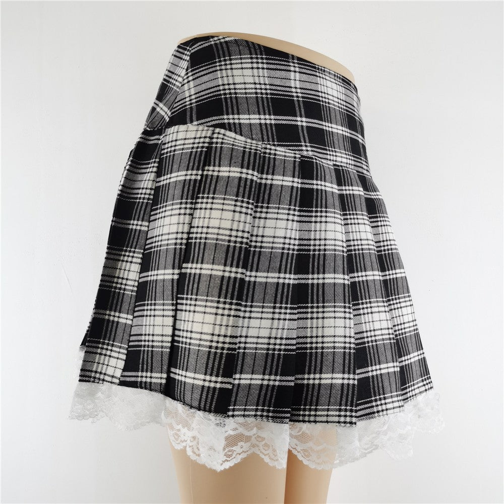 New Contrast Lace Plaid Pleated Skirt Vintage Sexy Skater Clothes Harajuku Gothic Punk England Style Y2k Skirt