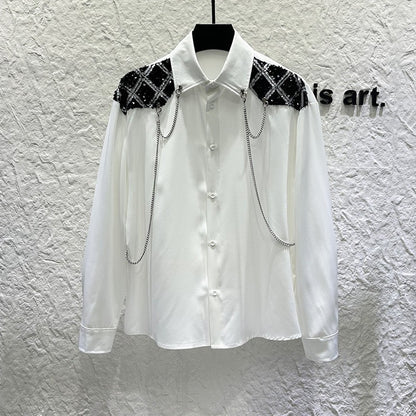 New high-end personalized metal chain design for men's long sleeved patchwork loose sequined shirt