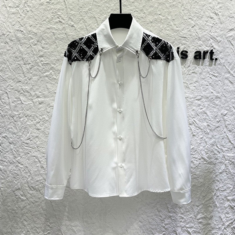 New high-end personalized metal chain design for men's long sleeved patchwork loose sequined shirt
