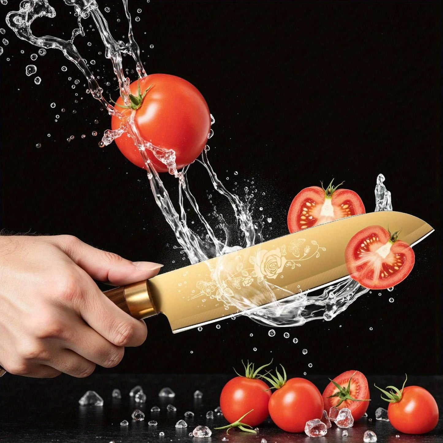 Conjunto de Facas de Cozinha Douradas de Luxo - Lâminas de Aço Inoxidável de 4 Peças com Revestimento de Titânio. Cabos Ergonômicos. Facas de Alta Performance