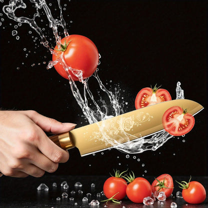 Conjunto de Facas de Cozinha Douradas de Luxo - Lâminas de Aço Inoxidável de 4 Peças com Revestimento de Titânio. Cabos Ergonômicos. Facas de Alta Performance