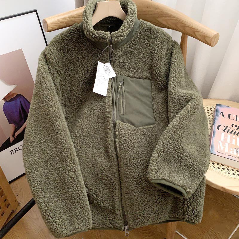 Autumn and Winter Japanese Men's and Women's Fleece Stand Neck Jacket Couple Zipper Loose Warm Lamb Wool Coat Solid Color Jacket