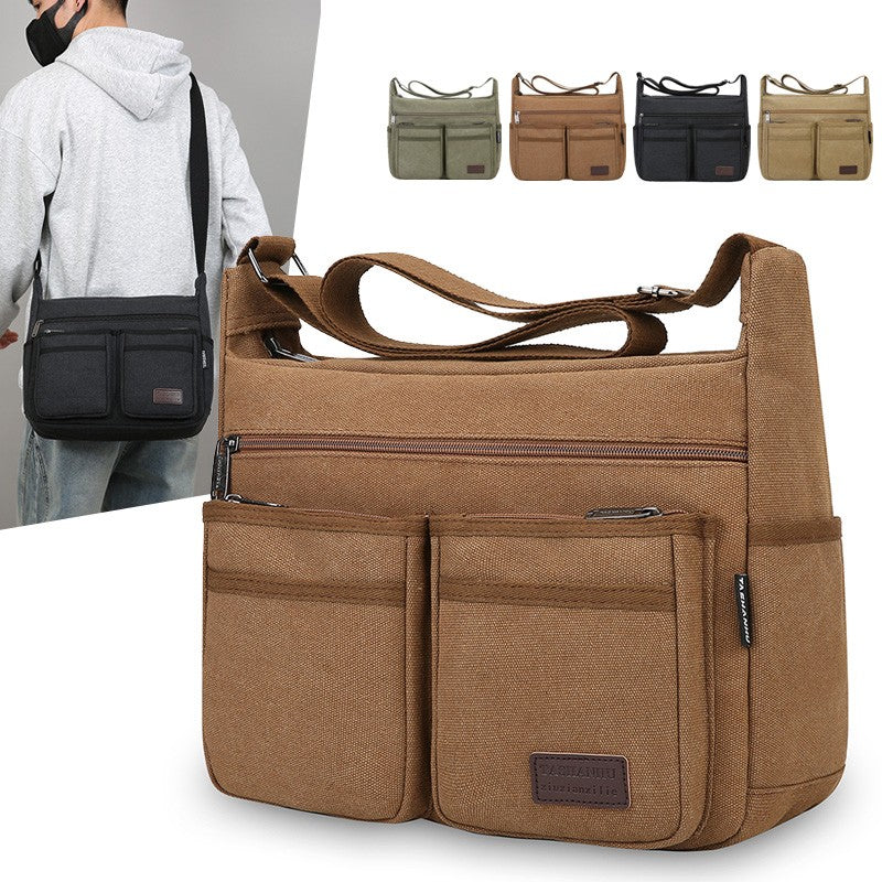 Neutral business casual crossbody bag - adjustable shoulder straps, multiple zippered compartments, durable black polyester lini