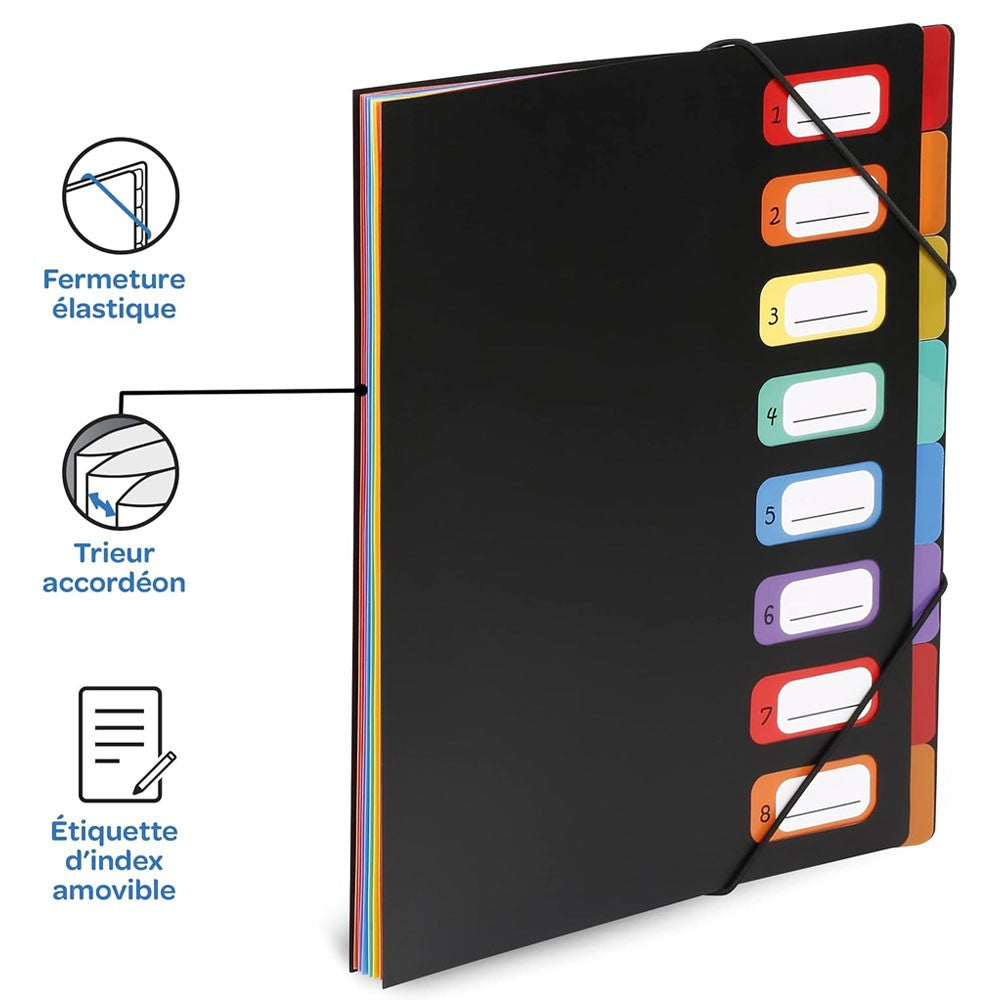 1 portable expanding folder with 8 compartments and elastic straps, suitable for office or home use.