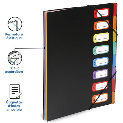 1 portable expanding folder with 8 compartments and elastic straps, suitable for office or home use.