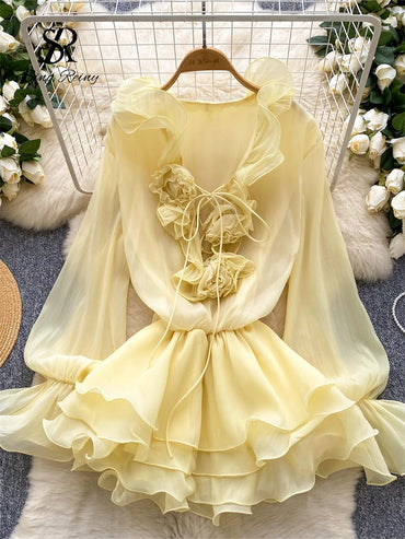 SINGREINY 3D Floral Beach Short Dress Female Long Sleeves Lace Up Ruffle Chiffon