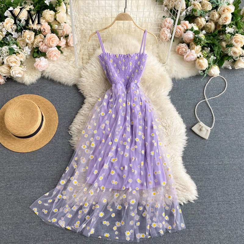 YuooMuoo Korean Fashion Daisy Flower Print Mesh Party Dress Summer Two Layers Sp