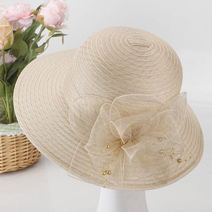 Summer New Pot Hat, Organza Flower Outdoor Fashion Sunshade Hat, Women's Large Edge Breathable Cool Hat, Versatile