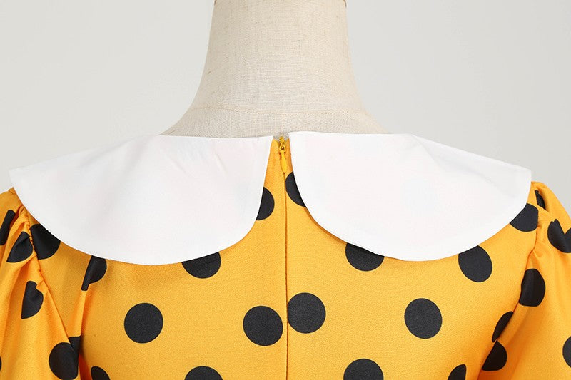 Elegant Women Summer Dress Puff Short Sleeve Polka Dot Peter pan Collar Vintage A-line Midi Long Party Sundress