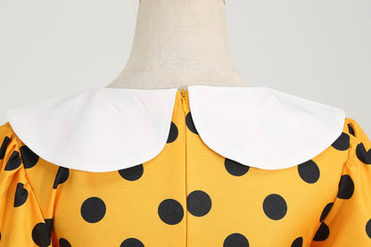 Elegant Women Summer Dress Puff Short Sleeve Polka Dot Peter pan Collar Vintage A-line Midi Long Party Sundress
