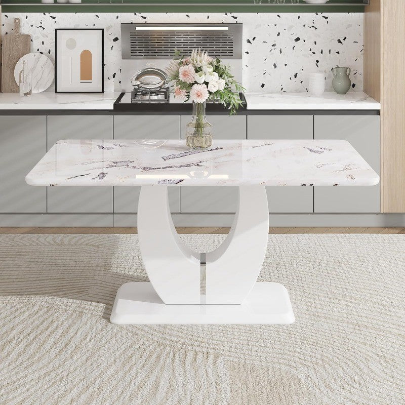 63" Modern Dining Table for 6, Scratch & Heat Resistant Faux Marble, White