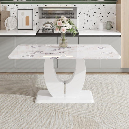 63" Modern Dining Table for 6, Scratch & Heat Resistant Faux Marble, White