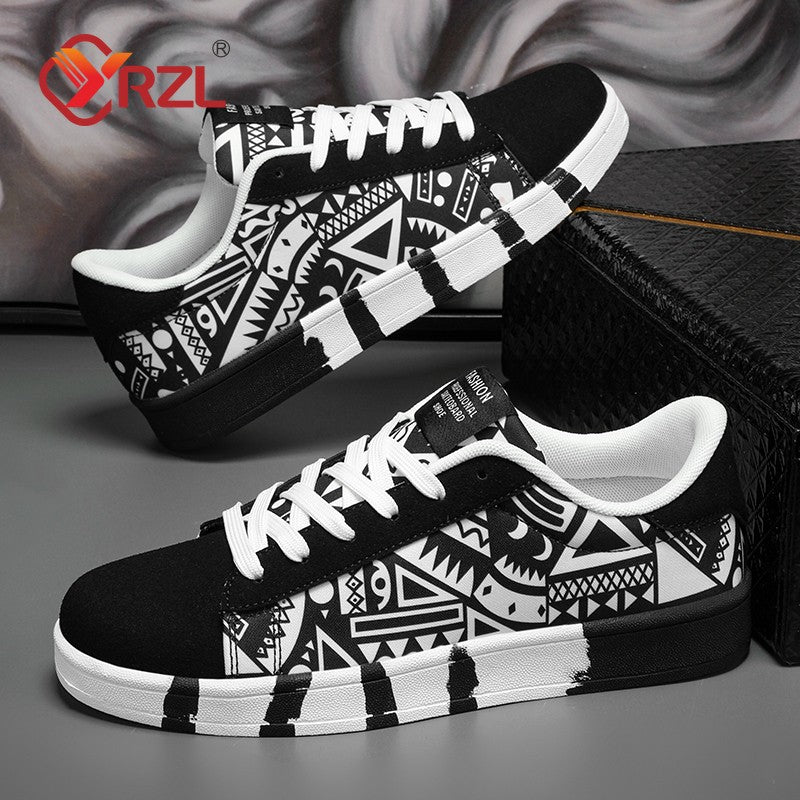 YRZL Men's Sports Running Shoes Canvas Geometric Style Lace-Up Sneakers Couples' Fashionable Graffiti Print Skate Shoes Men