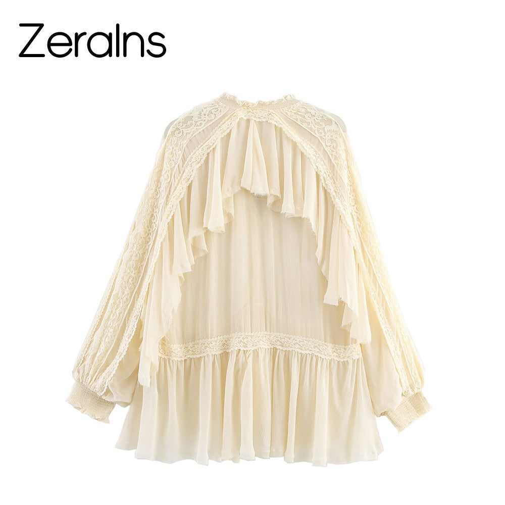 ZEAINS Beige French V-neck lace ruffle court style chiffon long sleeved shirt top for women in autumn