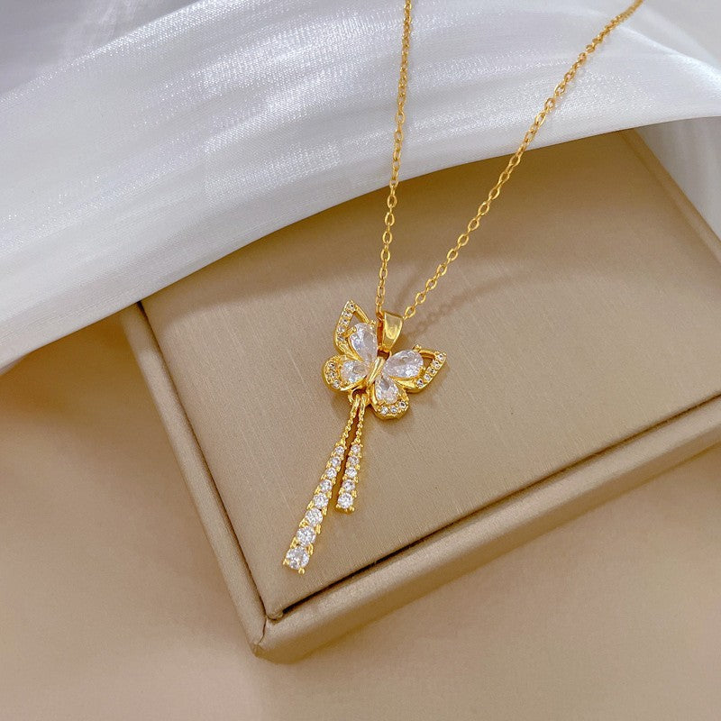 Colar Requintado de Borboleta com Zircônia Micro Incrustada para Mulheres, Aço Inoxidável, Lua, Borboleta, Flor, Gargantilha, Joia
