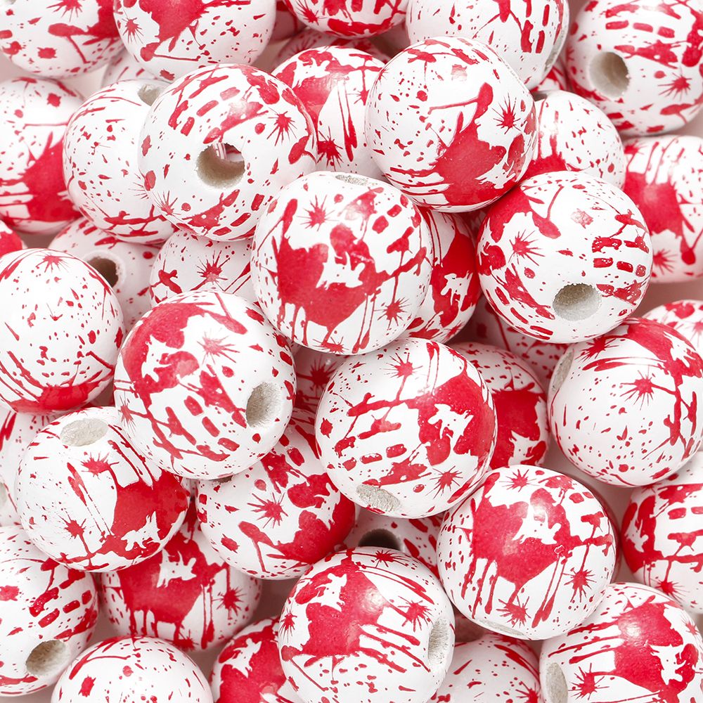 10pcs 16mm Wooden Spacer Beads Halloween Print Spider Eye Witch Bloodstain Ghost Face Mask Beads For Making Bracelet Necklace