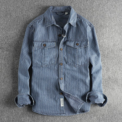 Autumn New American Retro Long Sleeved Lapel Denim Striped Cargo Shirt Men's Simple 100% Cotton Washed Old Casual Blouses Coat