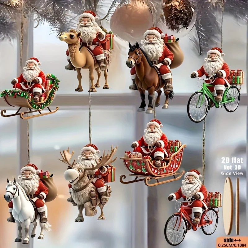 8pcs Different Riding Tools 2D Flat Santa Claus Wooden Ornament Set - Perfect for Holiday Home Decorations and Christmas Trees