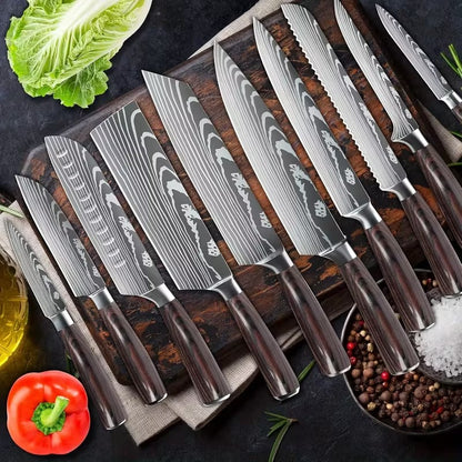 MDHAND Conjunto de Facas de Chef com Padrão de Damasco a Laser de 1 a 10 peças, Fatiador de Carne em Aço Inoxidável, Cutelo com Cabo de Madeira Antiderrapante, Coleção