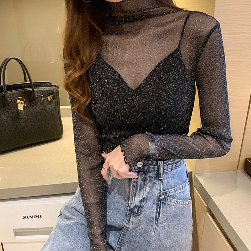 Spring Summer Women's Sexy See Through Mesh Blouse Long Sleeve Transparent Shining Elegant Shirt Fashion Women Tops 2025
