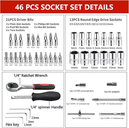 Conjunto de Soquetes de 46 Peças com Encaixe de 1/4", Chave Catraca Métrica com Soquetes CR-V de 4-14mm, Kits de Ferramentas Mecânicas para Reparo Automotivo Doméstico