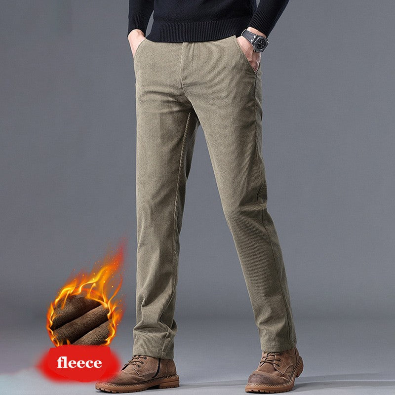 New Fleece Pants Men Casual Work Business Trousers Winter Corduroy Straight Slim Pants Outdoor Streetwear Thick Warm Sweatpants