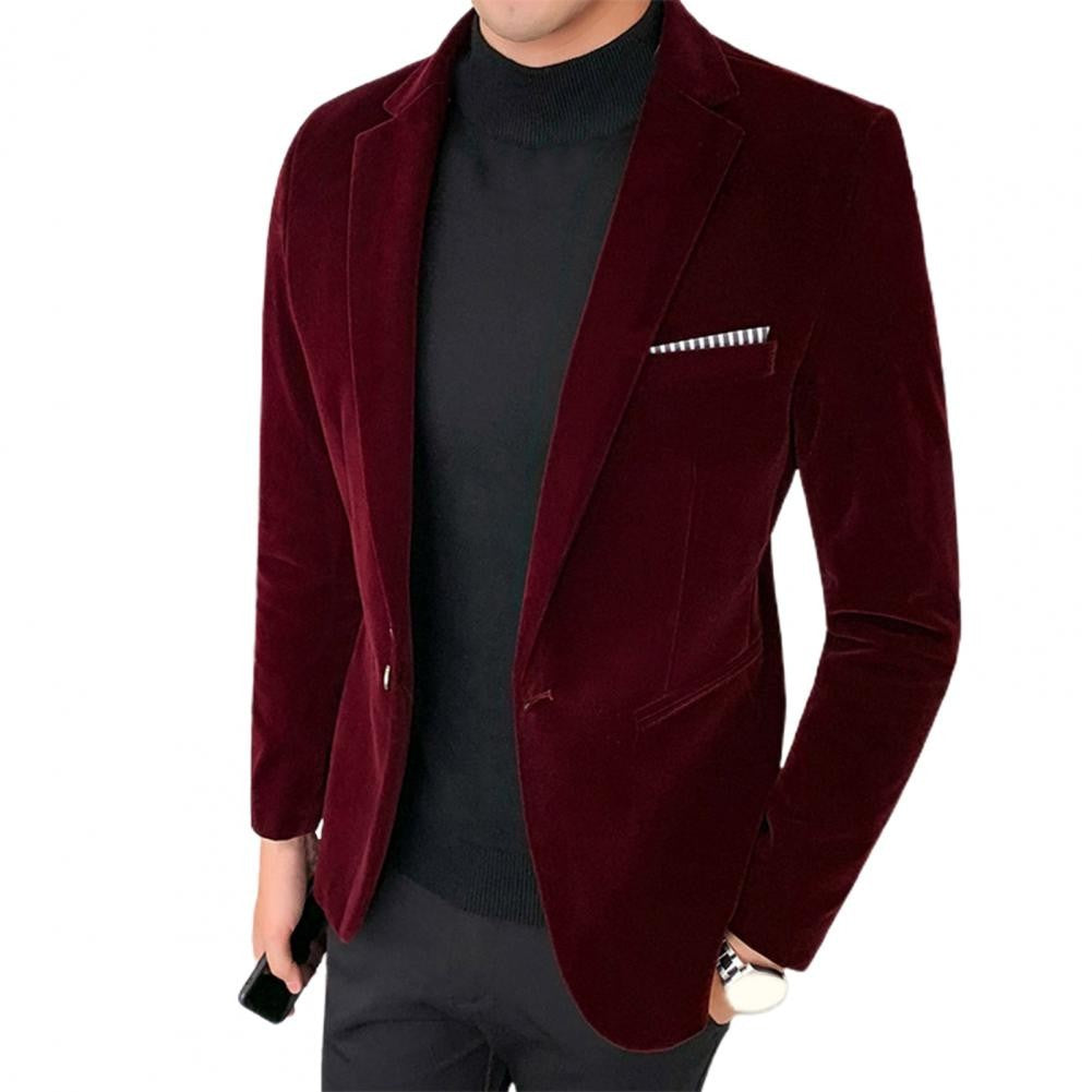Spring Velvet Men Solid Color Temperament Suit Jacket Turndown Collar Long Sleeve Slim Fit Single Button Velvet Suit Coat