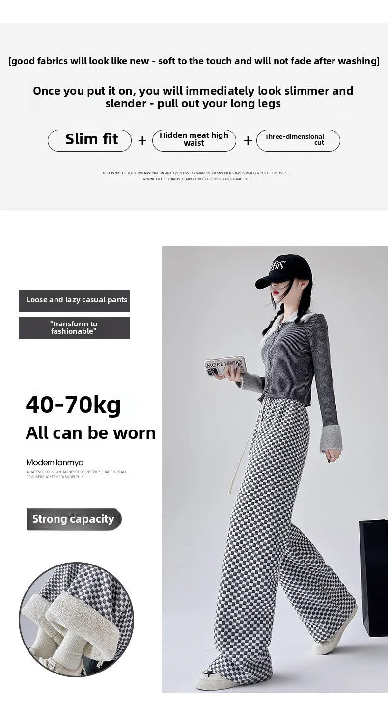 High Waist Wide Leg Pants Women's Autumn Winter New Style Lazy Casual Fleece Woolen Plaid Trousers Fashionable Comfortable