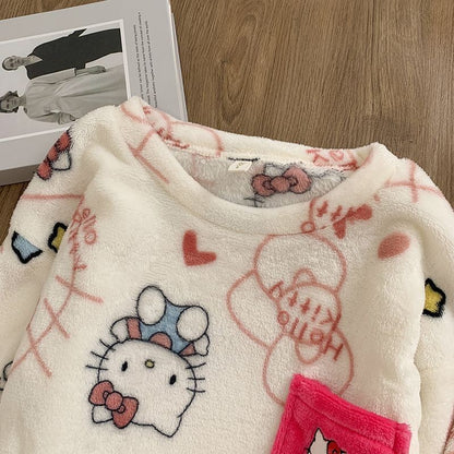Hello Kitty Women's 2025 Plush Flannel Pullover Pajama Set Winter Cozy Long Sleeve Pants Embroidered Casual Home Loungewear