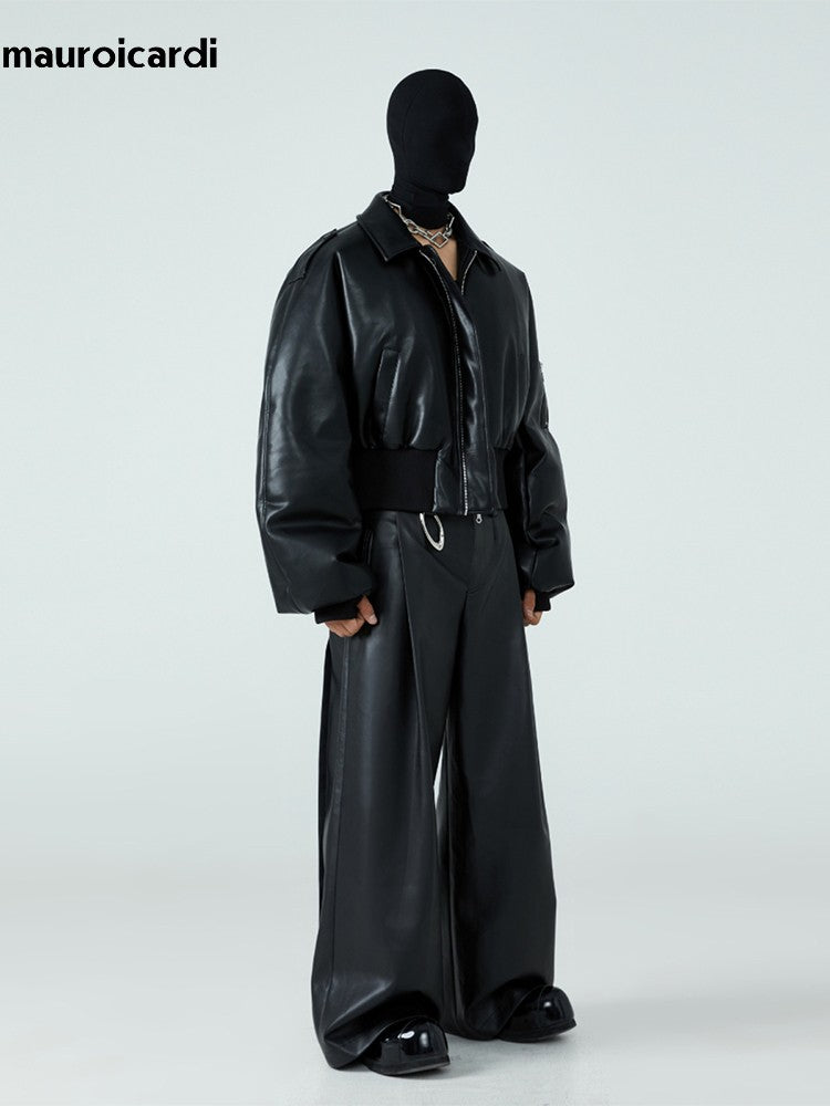 Mauroicardi Autumn Winter Short Thick Warm Black Pu Leather Jacket Men with Long Sleeve Zipper Casual Luxury Designer Clothes