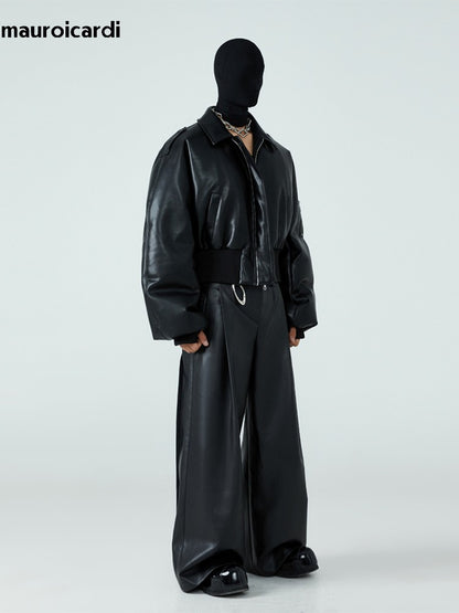 Mauroicardi Autumn Winter Short Thick Warm Black Pu Leather Jacket Men with Long Sleeve Zipper Casual Luxury Designer Clothes