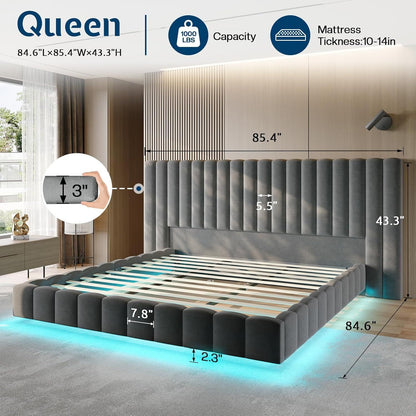 Estrutura de Cama Queen com Luzes LED e Cabeceira Estofada Grande, Plataforma Moderna de Veludo com Design Flutuante, Sem Box