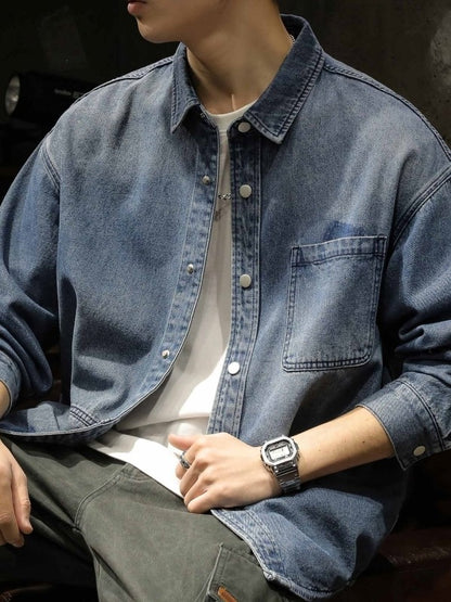 American Sle Heavyweight Men's Denim irt Loose Workwear Jaet Casual Long Sve Breathable Moisture ng Pure Color