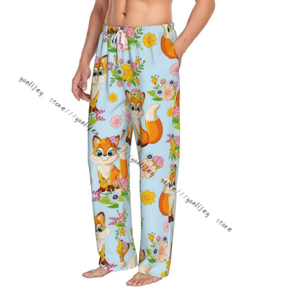 Men's Sleepwear Loose Sleep Pants Pajamas Cute Fox Background Long Lounge Bottoms Casual Homewear