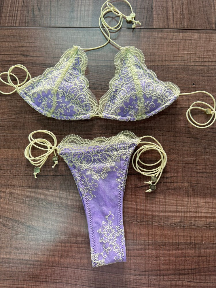 ZRTAK Micro Thong Triangle Swimwear Sexy Lace Bikini Set 2025 Swimsuit Women 2 Piece Beachwear Bandage Bathing Suits Beach Wear