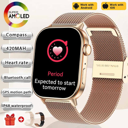 Smartwatch de Música Feminino 2025 Novo com Tela AMOLED HD de 2.01'' Moda, GPS de 6 Estrelas Embutido, Rastreador Impermeável e Chamada, Braceletes