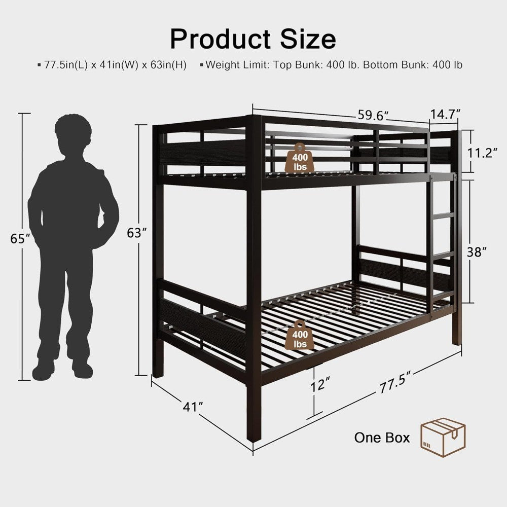 Cama de Metal Beliche para Adultos, com Escada e Guarda-Corpo, Espaço de Armazenamento Embaixo da Cama, Não Requer Box Spring