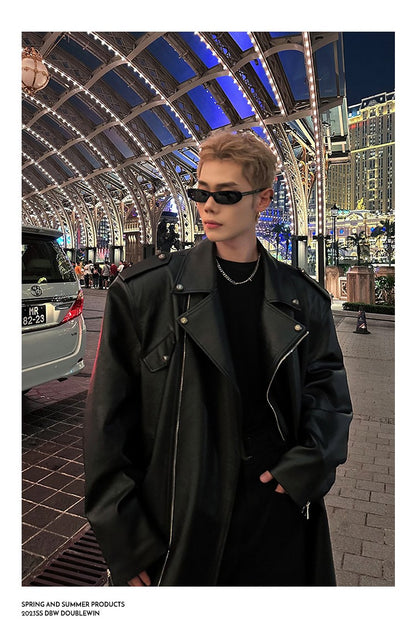 Mauroicardi Spring Autumn Oversized Cool Extra Long Black Pu Leather Trench Coat Men Zipper Loose Luxury European Fashion 2023