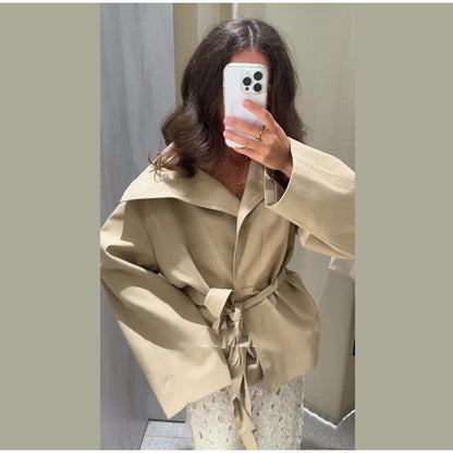 Belted Waist Cropped Trench Double Breasted Stand Collar 2025 Autumn Chic Elegant Women Coat Casual Vintage Office Lady Jacket