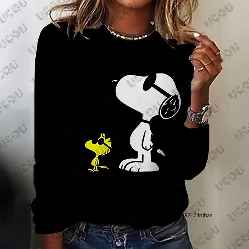 Autumn Winter New Cartoon Snoopy Print Women's Long Sleeve T-shirt Fashion O-neck Tees Casual Sweatshirt Oversize Female Clothes