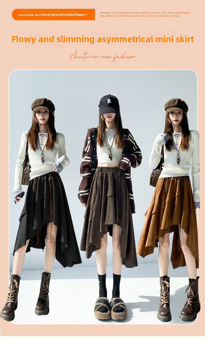 Caramel Suede Half-length Skirt Women's Autumn Winter New Irregular Belt Slim A- Line Midi Umbrella Skirt Comfortable Casual S .