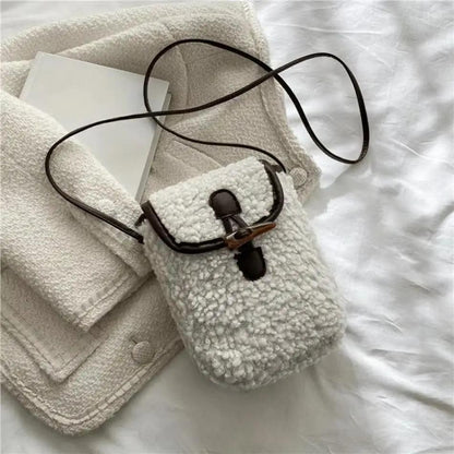 1 Pcs Women's Retro Lamb Fleece Bag Color Blocking Minimalist Mobile Phone Bag Single Shoulder Crossbody Small Bag