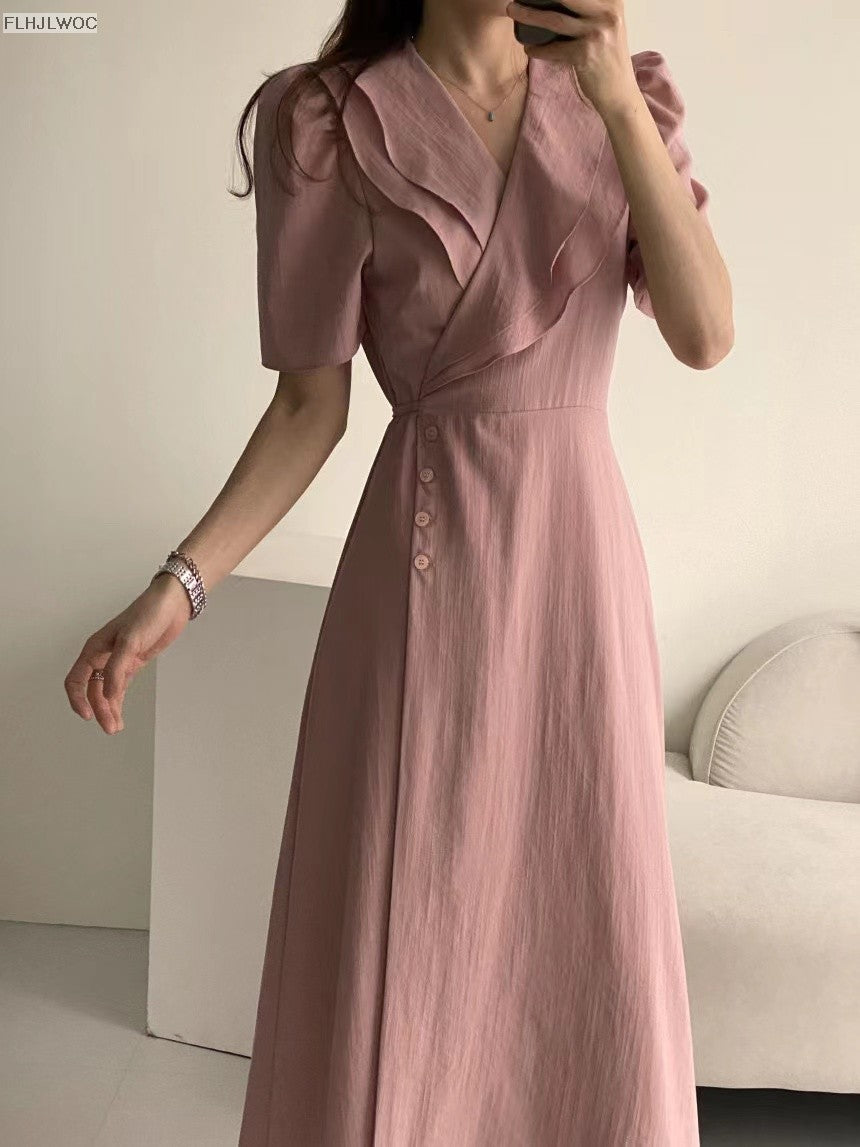 South Korea Chic Midi Dress Women Summer Japan Style Retro Vintage Design Ruffle