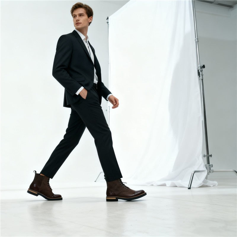 Men's Leather Lace - up Ankle Boots Retro Color - Block Formal Casual Boots Comfortable Non - slip Dress Boots For Daily Wear