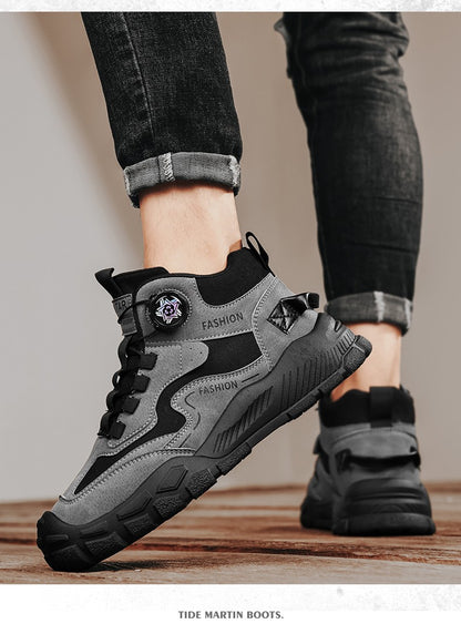 High-Top Men's Shoes for Winter, Thick-Soled Sports Shoes, British Style Retro Work Shoes, Rotating Buckle Casual Boots