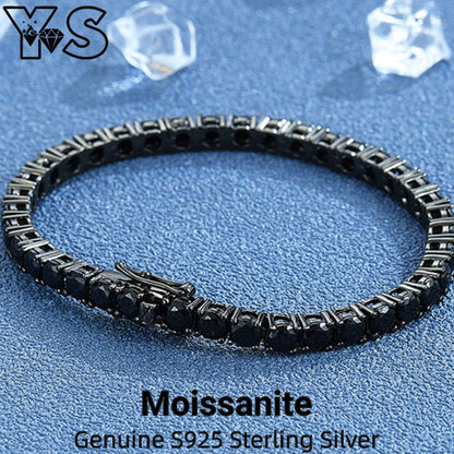 ?Pulseira Genuína de Tênis em Prata Esterlina S925 com Banho de Ródio Negro 3mm 4mm 5mm Moissanite Negra Joia Moderna Elegante para Mulheres?