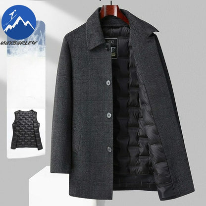Maxbarley Winter Down Coat Lightw Luxurious Detachable Lining Working Cold Proof Overcoat Mens Mid Length Warm Woolen Trench